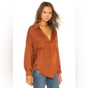 Free People Starry Dreams Silky Oversized Collared Pullover Bronze Brown Pocket